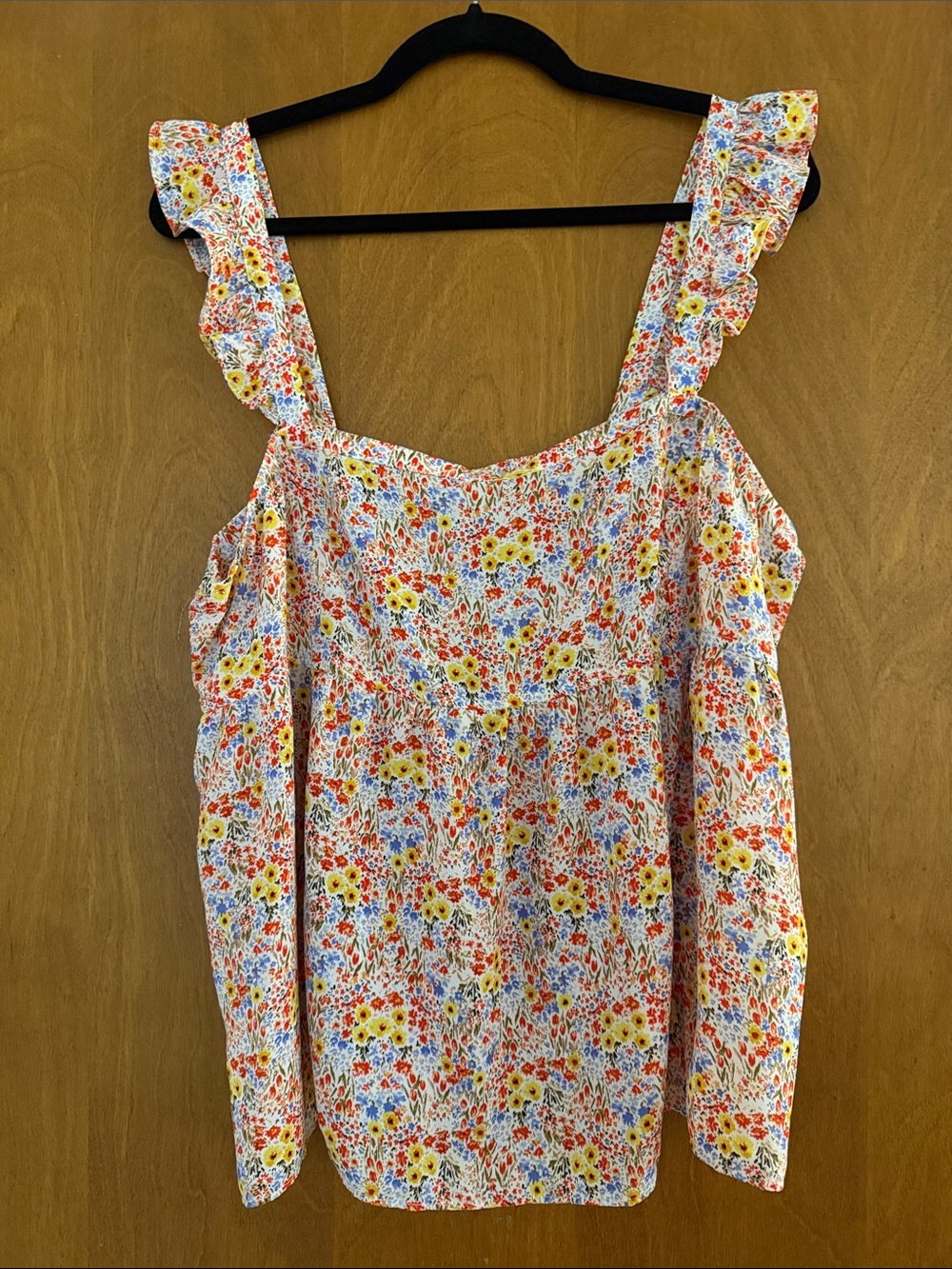 LOFT White Floral Ruffle Strap Tank with Yellow & Blue Blooms